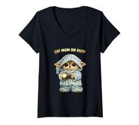 Women's Cat Mom On Duty - Cute Kitten Pajama V-Neck T-Shirt