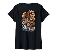 Women's Cat Monster Kaiju Vintage Japanese Tattoo Style on the Back V-Neck T-Shirt