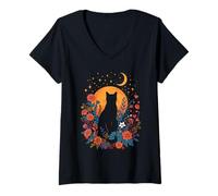 Womens Cat Moonlight Spirit Amidst Botanical Flowers V-Neck T-Shirt