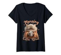 Womens Cat Morning Coffee Ritual Cozy Art V-Neck T-Shirt