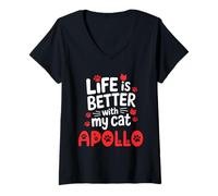 Womens Cat Name Apollo Life is Better with My Cat Apollo V-Neck T-Shirt