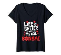 Womens Cat Name Bonsai Life is Better with My Cat Bonsai V-Neck T-Shirt