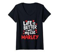 Womens Cat Name Marley Life is Better with My Cat Marley V-Neck T-Shirt