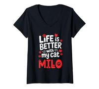 Women's Cat Name Milo Life is Better with My Cat Milo V-Neck T-Shirt
