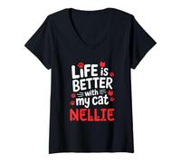 Womens Cat Name Nellie Life is Better with My Cat Nellie V-Neck T-Shirt