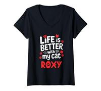 Womens Cat Name Roxy Life is Better with My Cat Roxy V-Neck T-Shirt