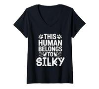 Womens Cat Name Silky Human Belongs to Cat Name Silky V-Neck T-Shirt