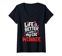 Womens Cat Name Winnie Life is Better with My Cat Winnie V-Neck T-Shirt