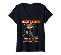 Womens Cat Never Underestimate Cranky Old Women When We Are Mad V-Neck T-Shirt