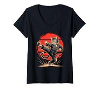 Women's Cat Ninja Fighter Karate Martial Arts V-Neck T-Shirt