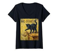 Women's Cat No Kings Funny Sunflowers Van Gogh Black Cat No Kings V-Neck T-Shirt