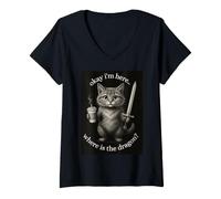 Women's Cat Ok I'm Here Where is The Dragon V-Neck T-Shirt