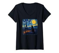 Womens Cat Paris Eiffel Tower Starry Night Van Gogh Inspired Art V-Neck T-Shirt