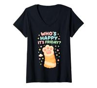 Womens Cat Paws Friday Humor Cute Kawaii Happy-Friday V-Neck T-Shirt