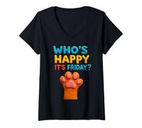 Womens Cat Paws Friday Humor Cute Kawaii Happy-Friday V-Neck T-Shirt