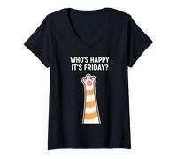 Womens Cat Paws Friday Humor Cute Kawaii Happy-Friday V-Neck T-Shirt