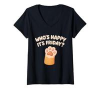 Womens Cat Paws Friday Humor Cute Kawaii Happy-Friday V-Neck T-Shirt