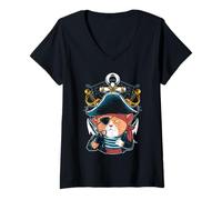 Women's Cat Pirate Kitty Captain Sailor Pet Lover Art V-Neck T-Shirt