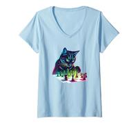Womens Cat Playing Chess Cartoon V-Neck T-Shirt