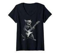 Womens Cat Playing Guitar Rock Star Cat Shirt for Men Women Kid V-Neck T-Shirt