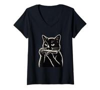 Women's Cat Playing Harmonica Blues Music V-Neck T-Shirt