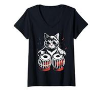 Womens Cat Playing Tabla Drumming Tablaist Tabla Drum Music Tabla V-Neck T-Shirt