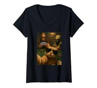 Womens Cat Poker Selfie Bigfoot & Alien Playing Cards Funny V-Neck T-Shirt