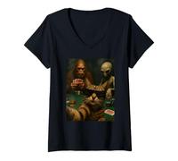 Womens Cat Poker Selfie Bigfoot & Alien Playing Cards Funny V-Neck T-Shirt