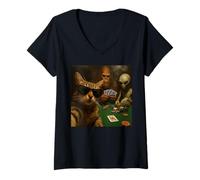 Womens Cat Poker Selfie Bigfoot & Alien Playing Cards Funny V-Neck T-Shirt