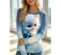 Women's Cat Print Long Sleeve Top, Casual Crew Neck Loose Fit Shirt | Cute kitten graphic, Crew neck cut, Long sleeve design, Relaxed loose fit, Casual daily outfits