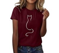 Womens Cat Print Tee Shirt Short Sleeve Round Neck T Shirts Fashion Tunic Top Lightweight Soft Casual Summer Sweatshirts Outdoor Pullover Women's Clothes Stretch Activewear T-Shirt Wine
