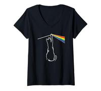 Womens Cat Rainbow Prism Science Spectral Rock Music Retro Physics V-Neck T-Shirt