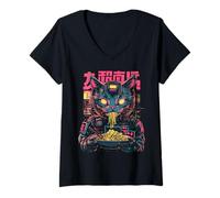 Women's Cat Ramen Cyborg Japanese Aesthetic Mecha Anime Cat V-Neck T-Shirt