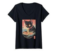 Women's Cat Ramen Noodles Japan Retro V-Neck T-Shirt