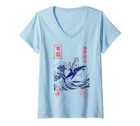 Women's Cat Riding Shark Great Wave Japanese Ukiyo-e Vintage V-Neck T-Shirt