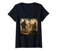 Womens Cat Rock Concert Selfie Bigfoot Guitar & Alien Drummer V-Neck T-Shirt