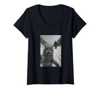 Womens Cat Running from Dinosaur T Rex Action Artwork V-Neck T-Shirt