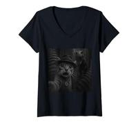 Womens Cat Running from Dinosaur T Rex Action Artwork V-Neck T-Shirt