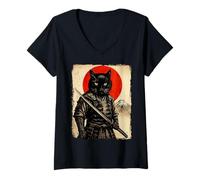 Women's Cat Samurai Japanese Sword Anime Cat V-Neck T-Shirt