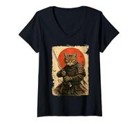 Women's Cat Samurai Vintage Japanese Warrior V-Neck T-Shirt