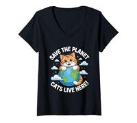 Womens Cat Save The Planet Nature Earth Kitty Eco Climate Awareness V-Neck T-Shirt