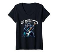 Womens Cat Scratch Fever Cat Playing Guitar Rock and Roll Design V-Neck T-Shirt