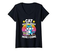 Women's Cat Second Grade Here I Come Back to School V-Neck T-Shirt