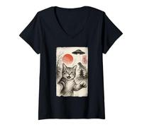 Womens Cat Selfie Alien UFO Funny Invasion Meme Sumi-e Japanese V-Neck T-Shirt