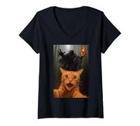 Womens Cat Selfie Halloween Headless Horseman Funny Kitty Humor V-Neck T-Shirt