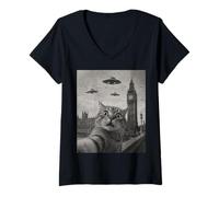 Women's Cat Selfie London Big Ben Alien UFO V-Neck T-Shirt