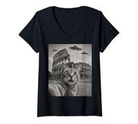 Women's Cat Selfie Rome Colosseum Alien UFO V-Neck T-Shirt