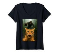 Womens Cat Selfie Running from Bigfoot Funny Kitty Humor V-Neck T-Shirt