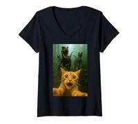 Womens Cat Selfie Running from Raptors Dinosaurs Funny Kitty V-Neck T-Shirt