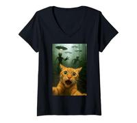 Womens Cat Selfie Running from UFO Aliens UAP Funny Kitty Humor V-Neck T-Shirt